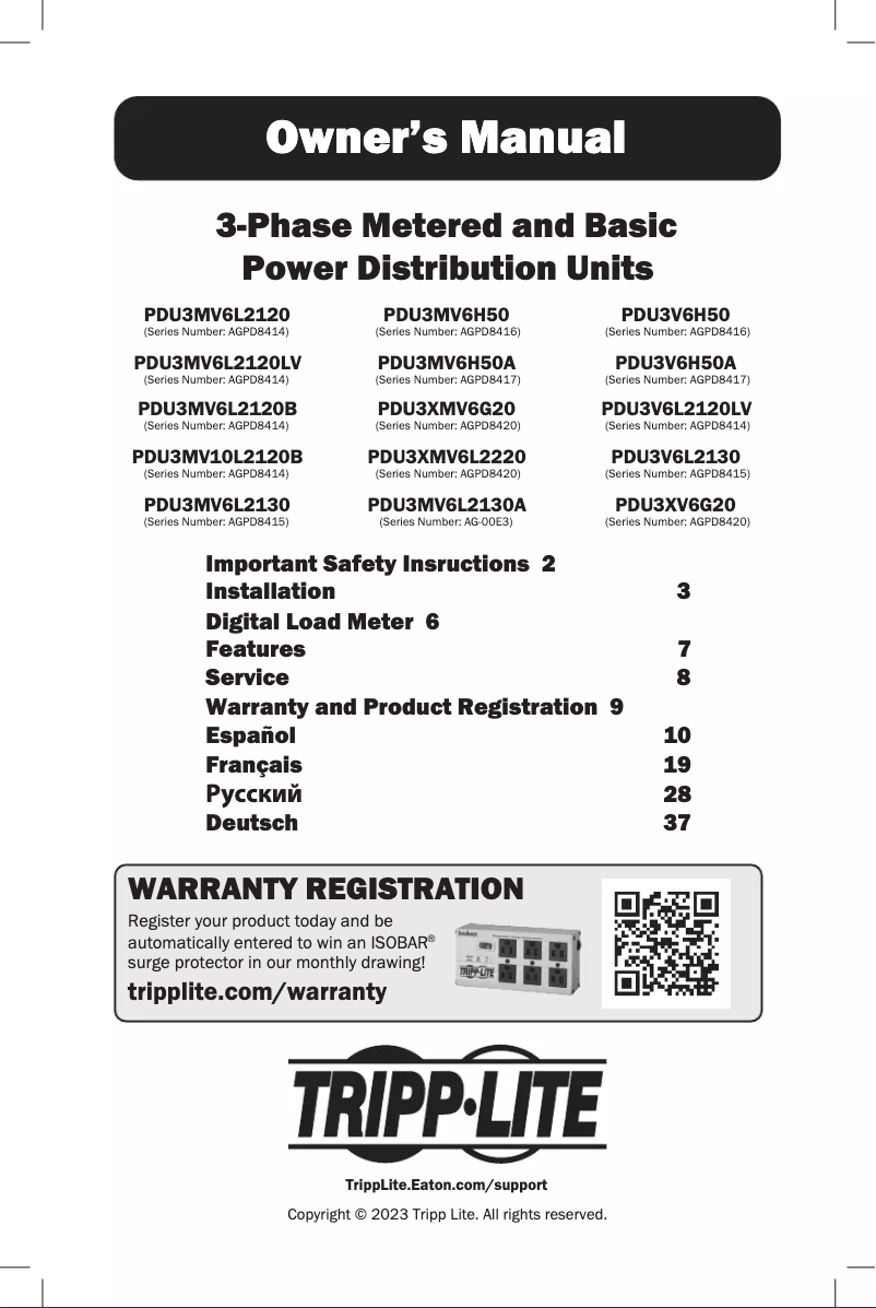 Page 1 de la notice Manuel utilisateur Tripp Lite PDU3XV6G20