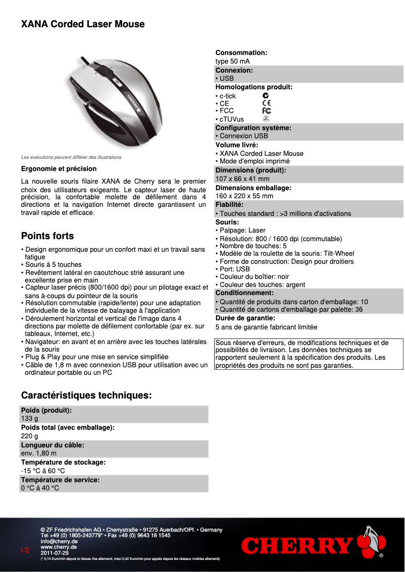 Page 1 de la notice Fiche technique Cherry XANA
