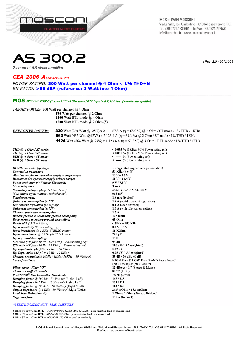 Page n°1 - Fiche technique Mosconi AS 300.2