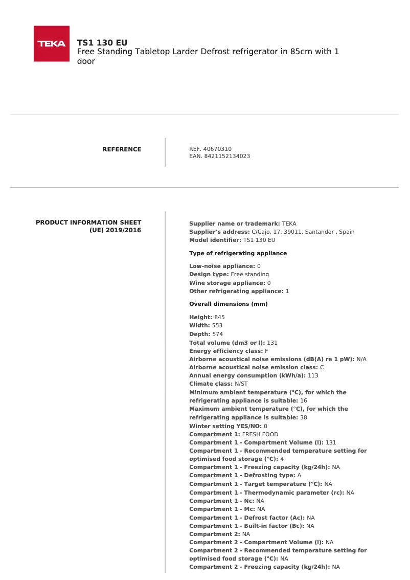 Page 1 de la notice Fiche technique Teka TS1 130