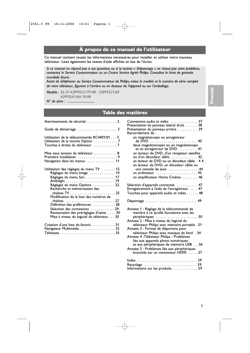 Page n°1 - Manuel utilisateur Philips 42PF9531