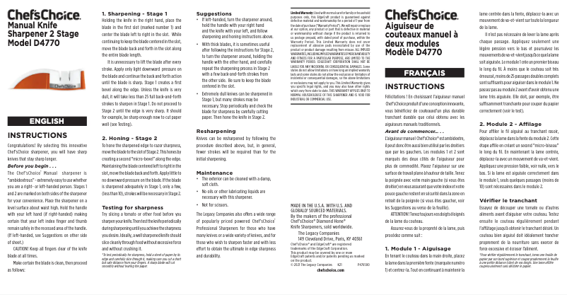 Page 1 de la notice Manuel utilisateur Chef's Choice Model D4770