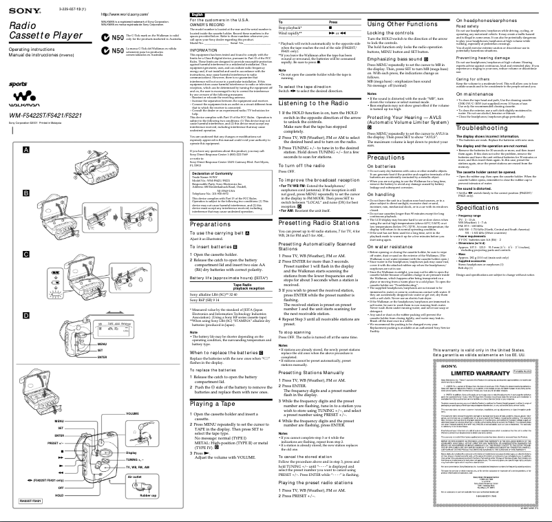 Page 1 de la notice Manuel utilisateur Sony Walkman WM-FS421