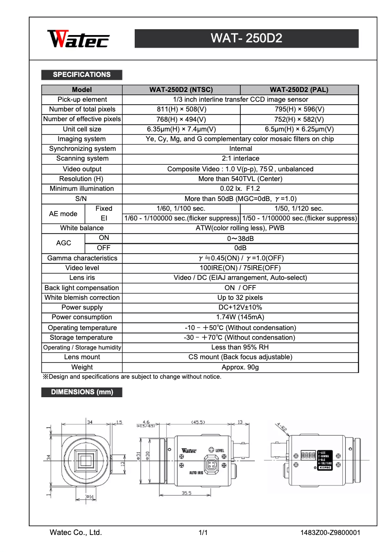 Page n°1 - Manuel utilisateur Watec WAT-250D2