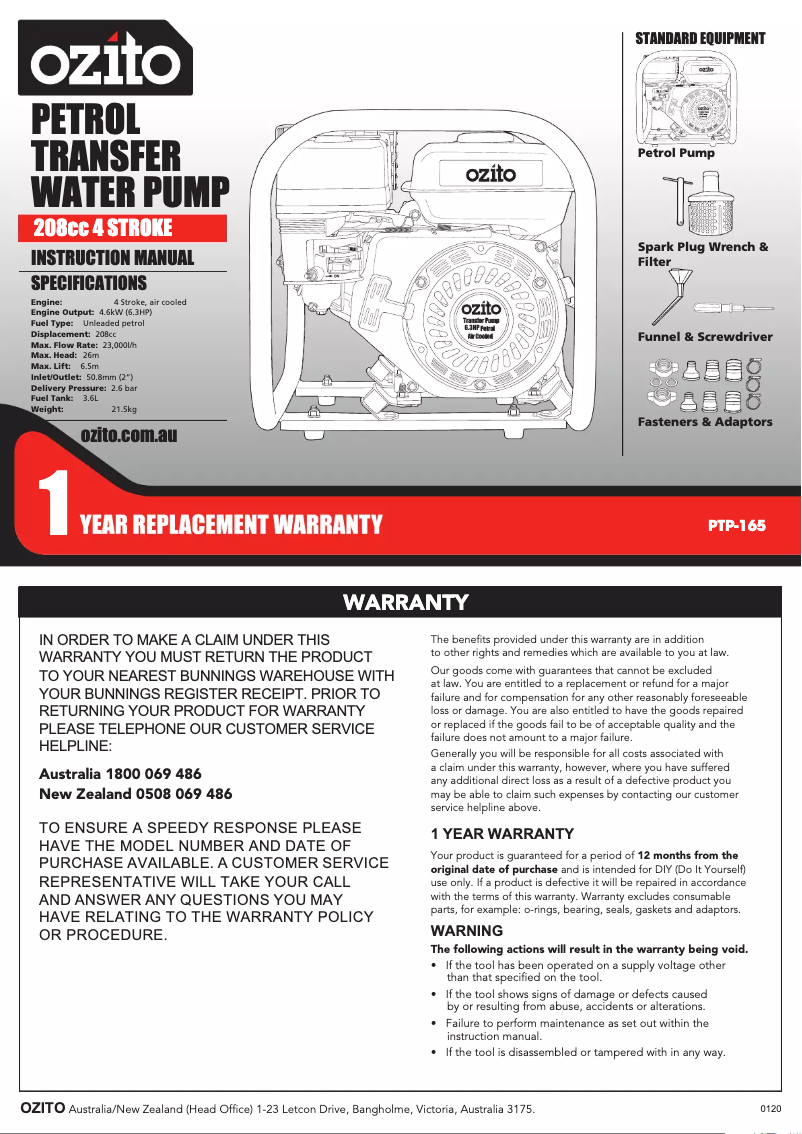 Page n°1 - Manuel utilisateur Ozito PTP-165
