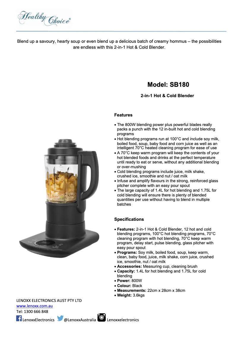 Page n°1 - Fiche technique Healthy Choice SB180