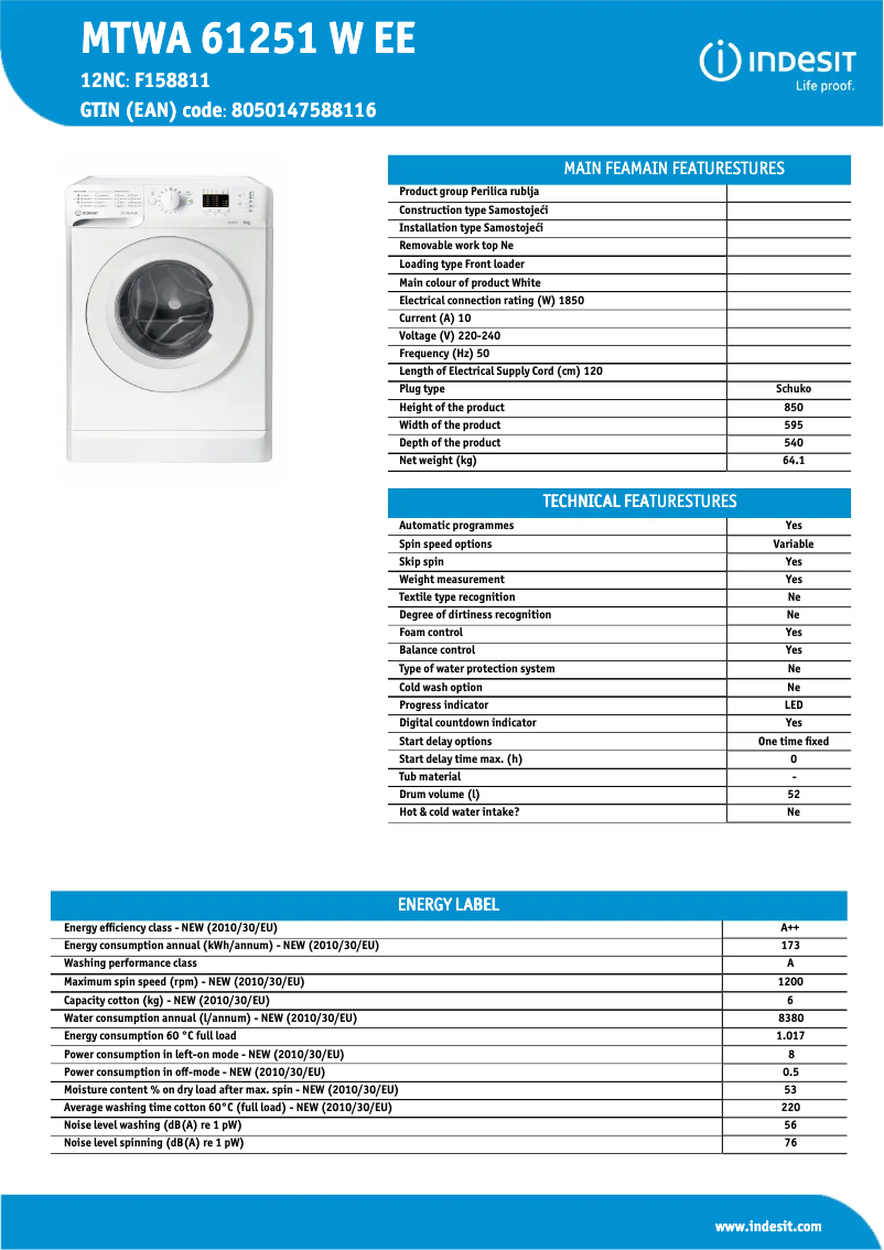 Page 1 de la notice Fiche technique Indesit MTWA 61251 W EE
