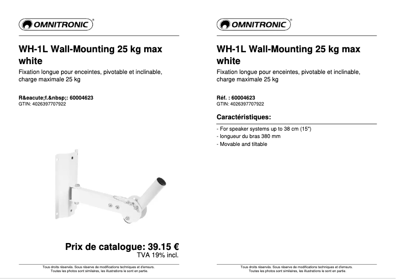 Page 1 de la notice Fiche technique Omnitronic WH-1L