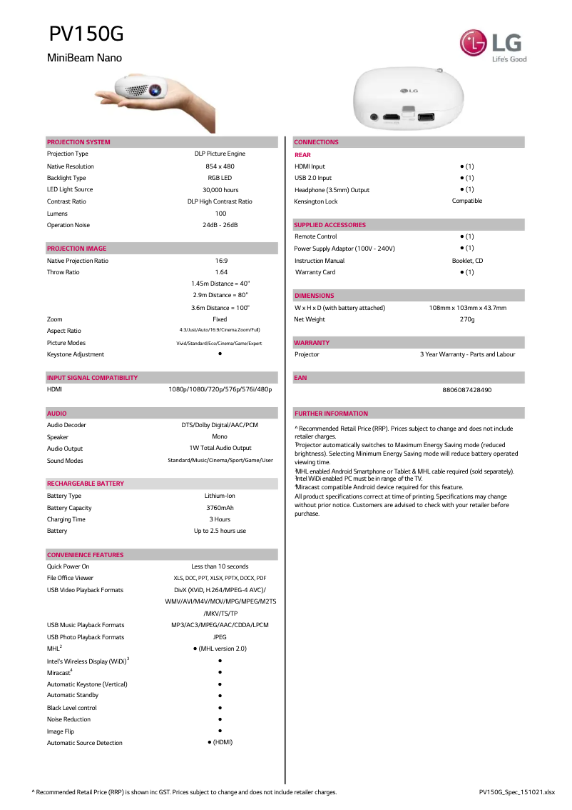 Image de la première page du manuel de l'appareil PV150G