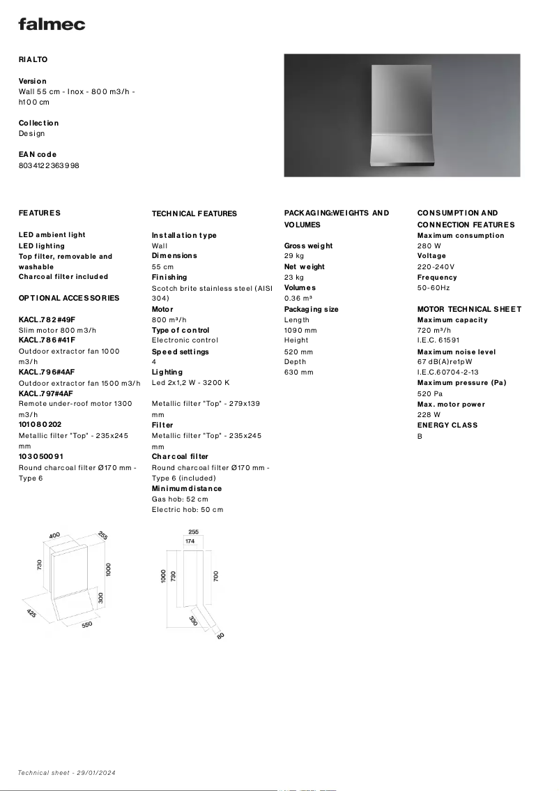 Page n°1 - Fiche technique Falmec Rialto