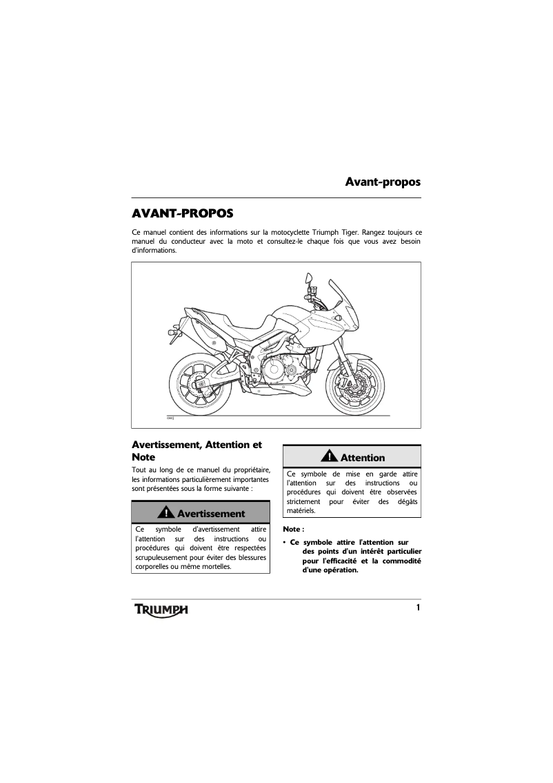 Image de la première page du manuel de l'appareil Tiger 1050 SE (2012)