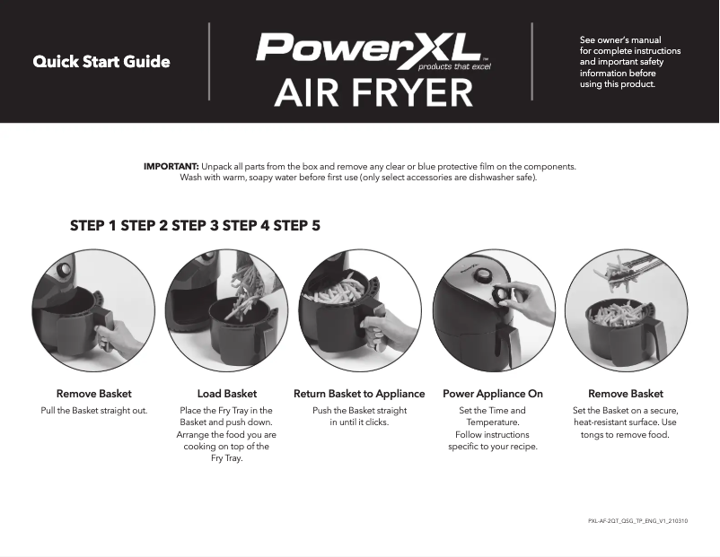 Page 1 de la notice Guide de démarrage rapide PowerXL Air Fryer YJ-803
