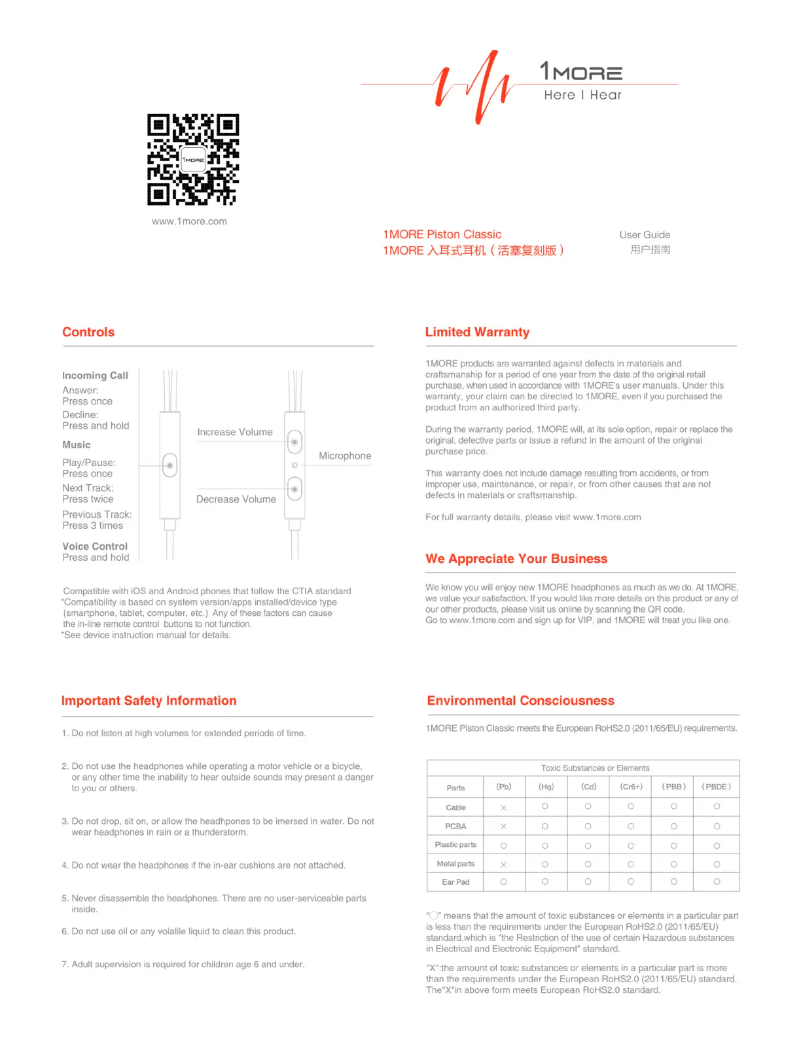 Page n°1 - Manuel utilisateur 1More Piston Classic