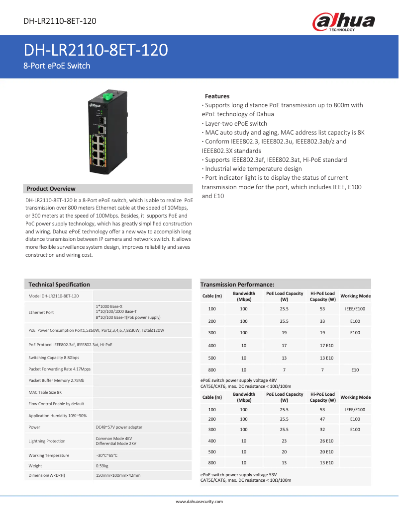Page 1 of the manual Technical Sheet Dahua Technology LR2110-8ET-120