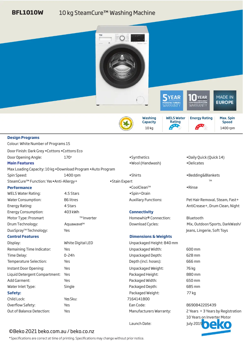 Image de la première page du manuel de l'appareil BFL1010W