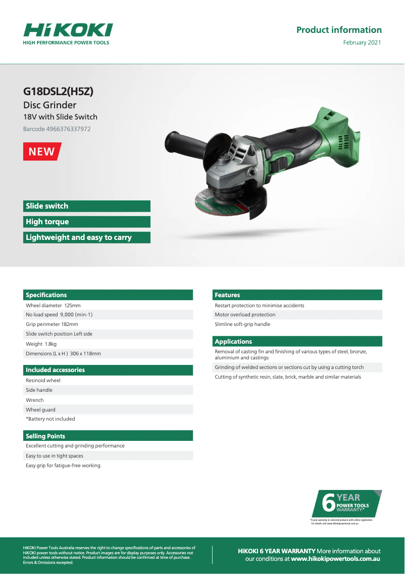 Page n°1 - Fiche technique HiKOKI G18DSL2