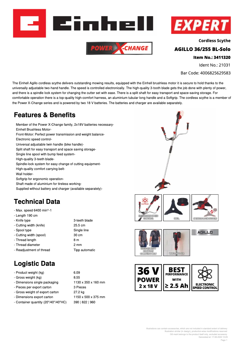 Page n°1 - Fiche technique Einhell AGILLO 36/255 BL