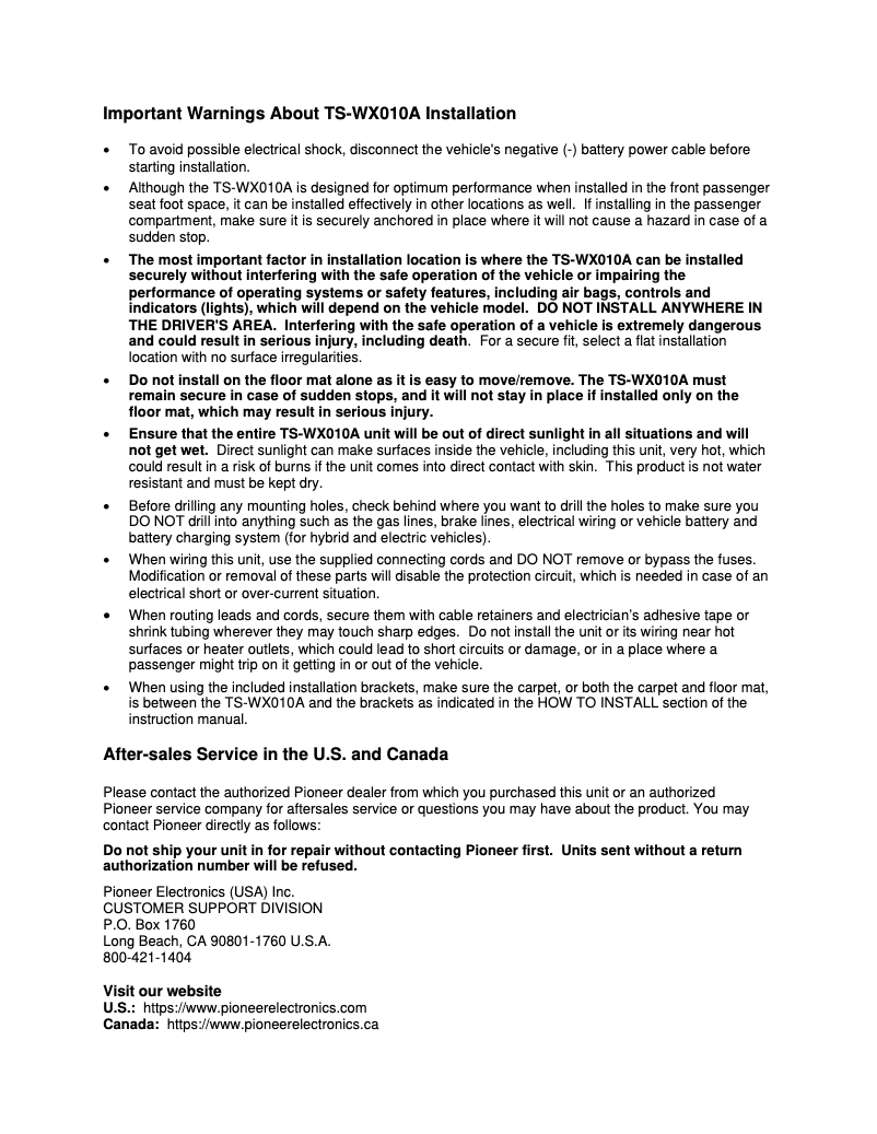 Page 1 de la notice Guide d'installation Pioneer TS-WX010A