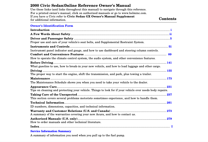Page 1 de la notice Manuel utilisateur Honda Civic GX (2000)
