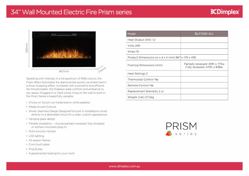 Page n°1 - Fiche technique Dimplex Prism BLF3451-AU