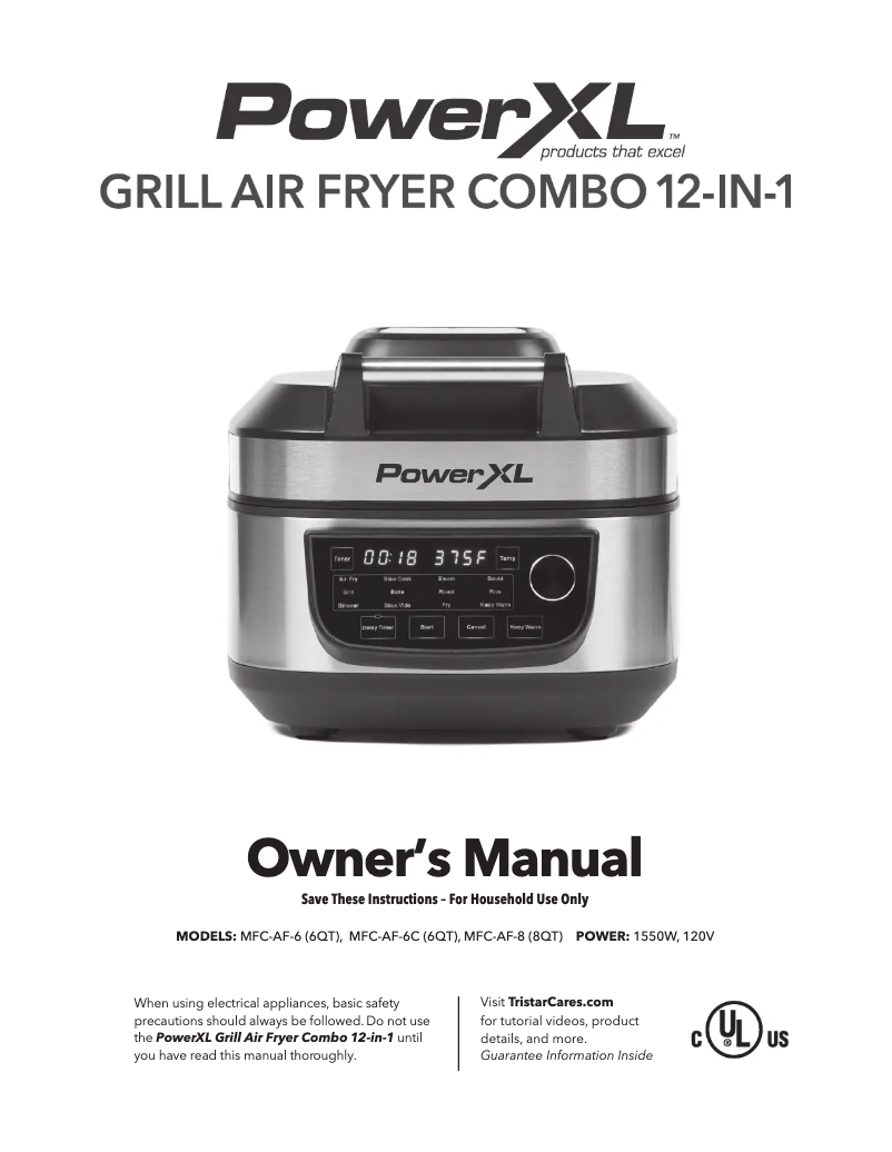 Page 1 de la notice Manuel utilisateur PowerXL Grill Air Fryer Combo 12-in-1 MFC-AF-8