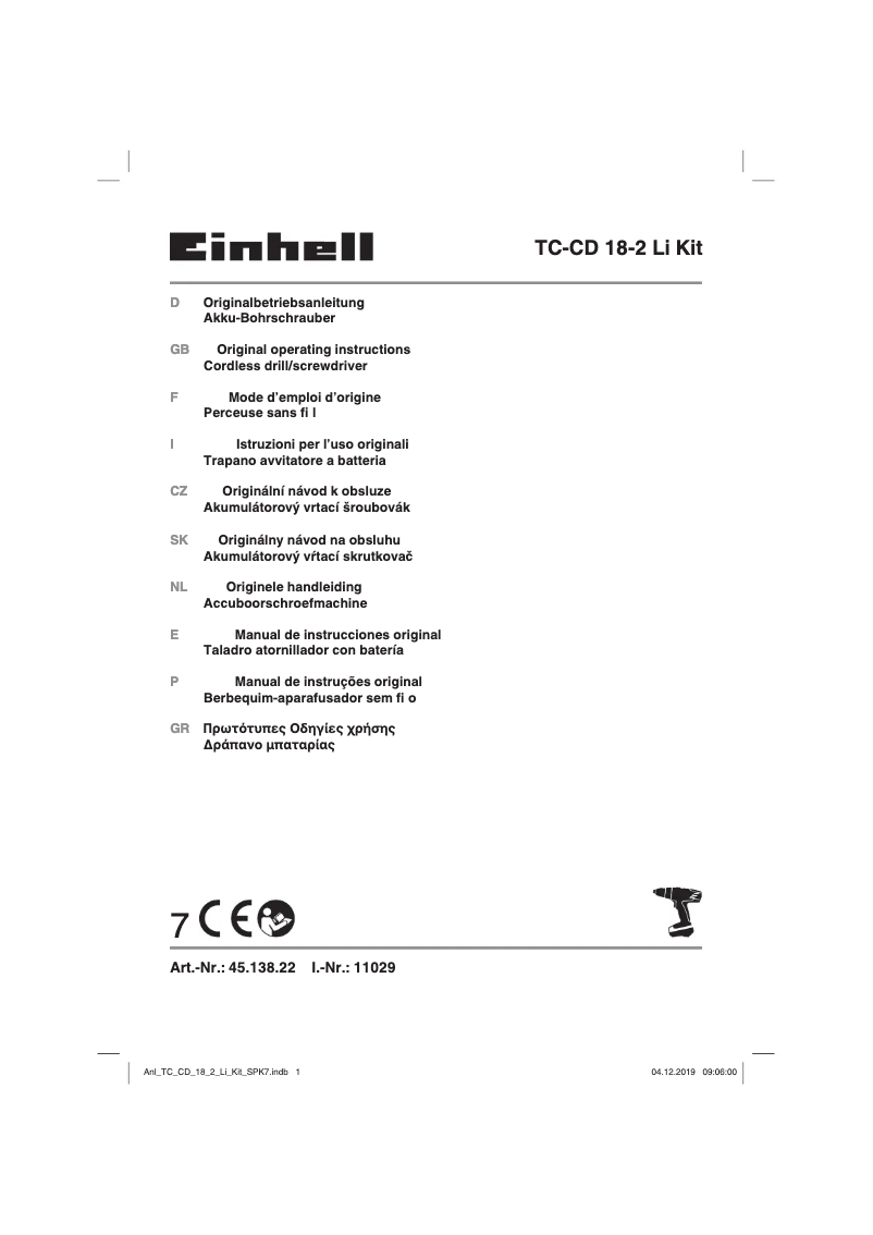 Page 1 de la notice Manuel utilisateur Einhell TC-CD 18-2 Li Kit