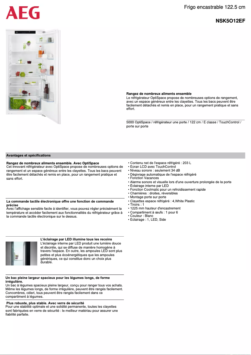 Page 1 de la notice Fiche technique AEG NSK5O12EF