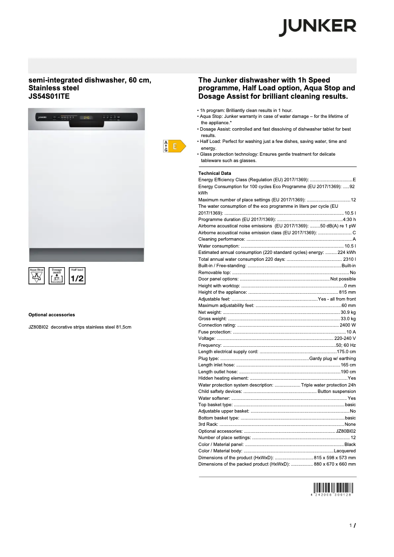 Page n°1 - Fiche technique Junker JS54S01ITE