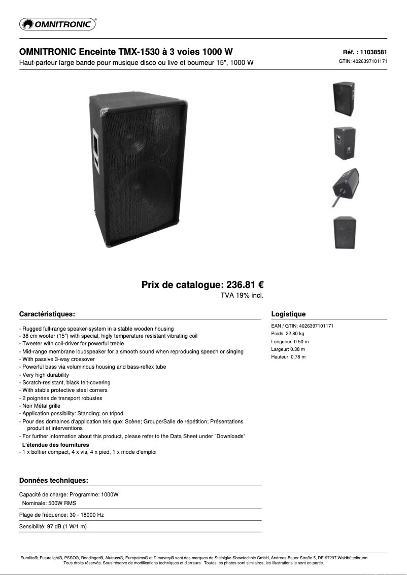 Page n°1 - Fiche technique Omnitronic TMX-1530