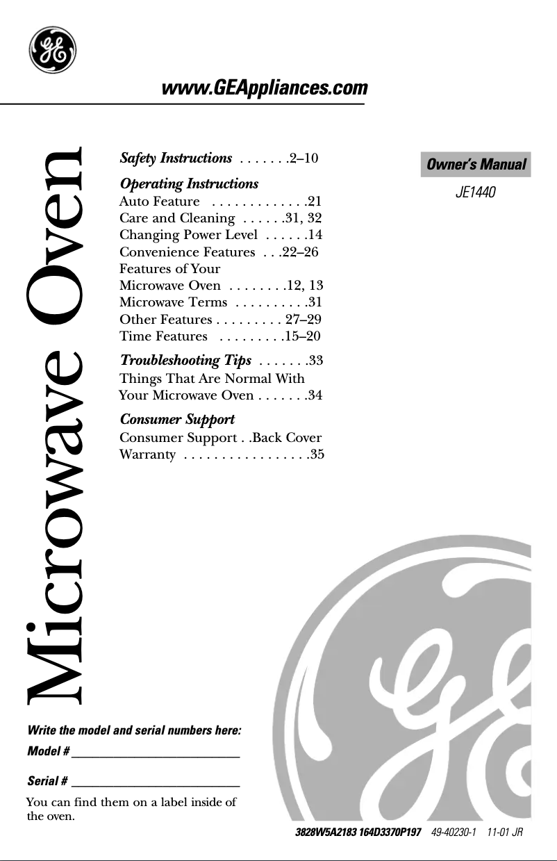 Page n°1 - Manuel d'utilisation et d'entretien GE JE1440BF