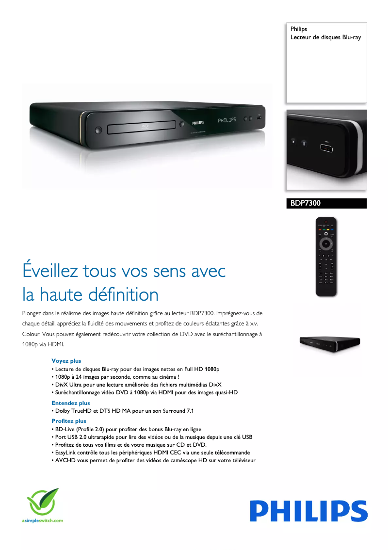 Página 1 del manual Ficha técnica Philips BDP7300