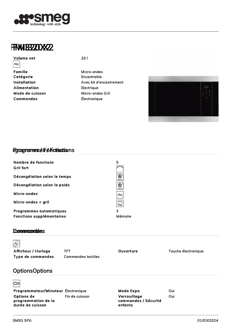 Página 1 del manual Ficha técnica Smeg FMI320X2