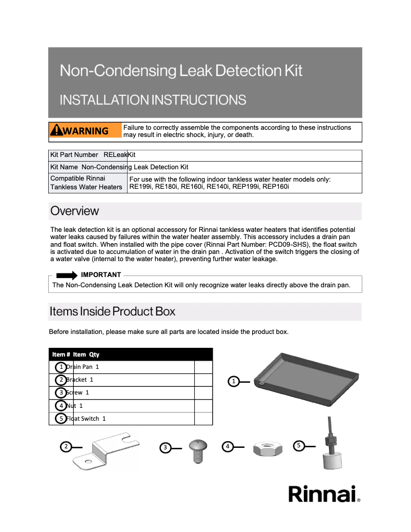 Page 1 de la notice Fiche technique Rinnai REP160iN