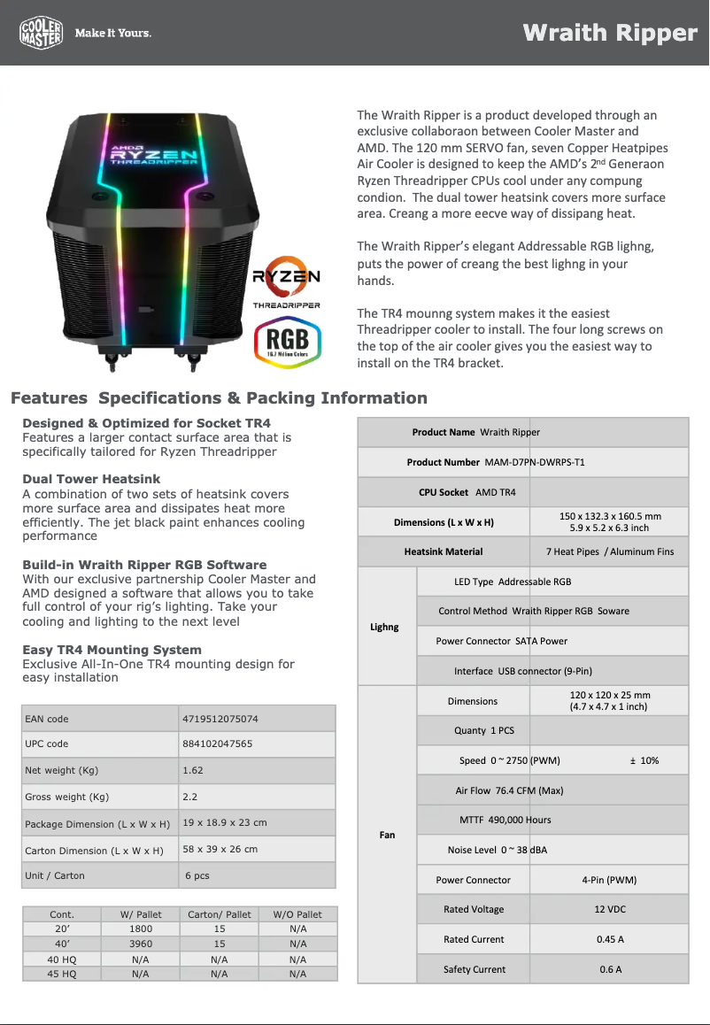 Page 1 de la notice Fiche technique Cooler Master Wraith Ripper