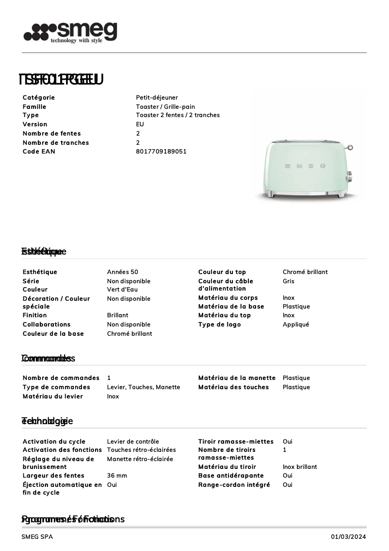 Page n°1 - Fiche technique Smeg TSF01