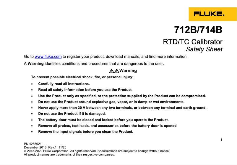 Page 1 de la notice Instructions de sécurité Fluke 712B
