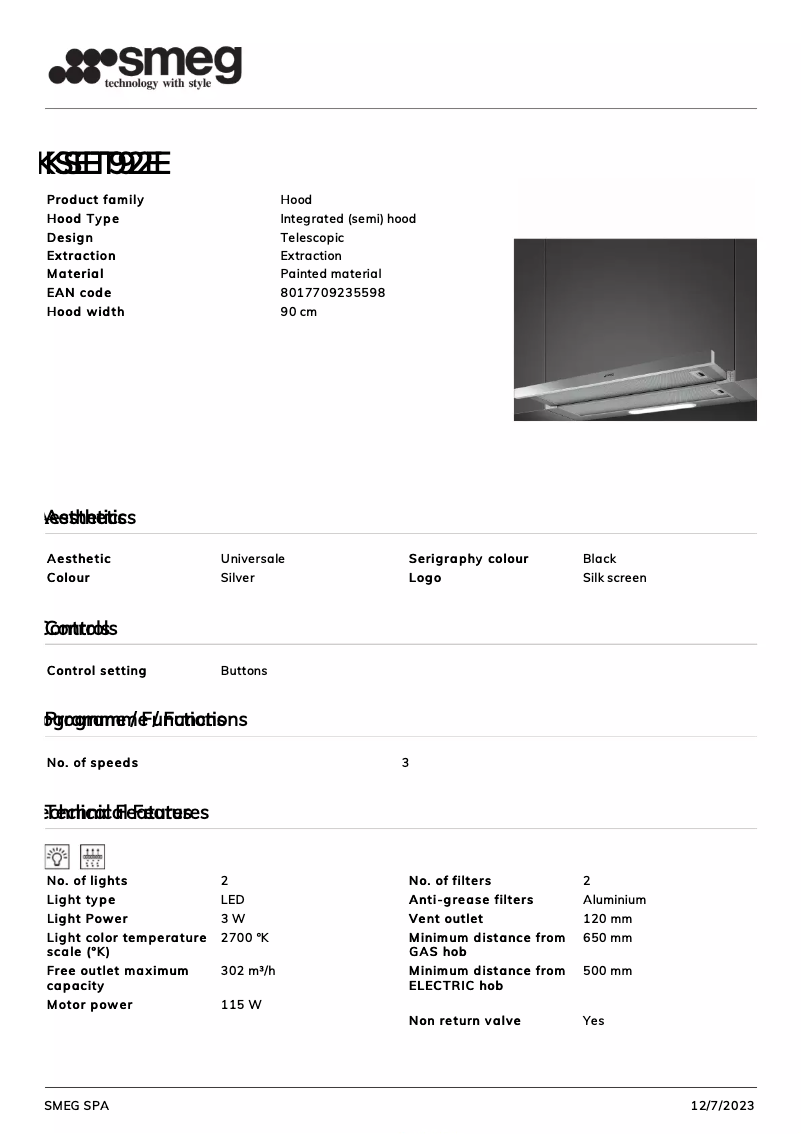 Page 1 de la notice Fiche technique Smeg KSET92E