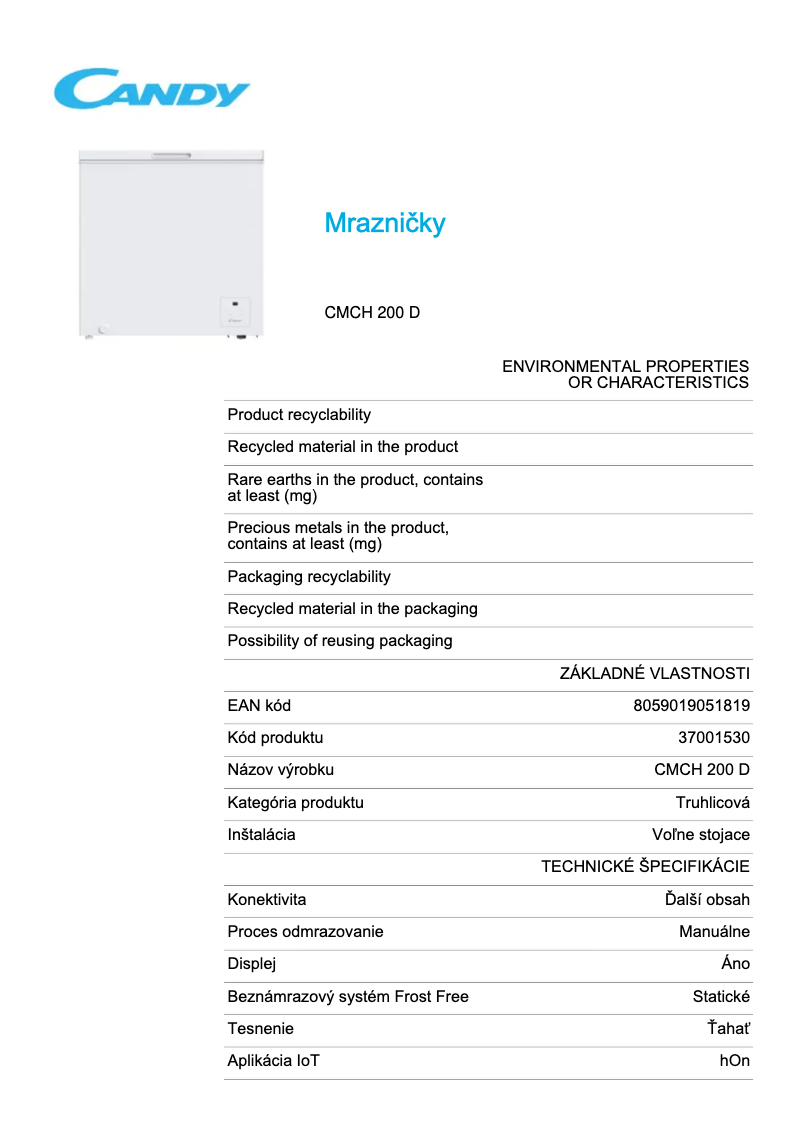 Page 1 de la notice Fiche technique Candy CMCH 200 D