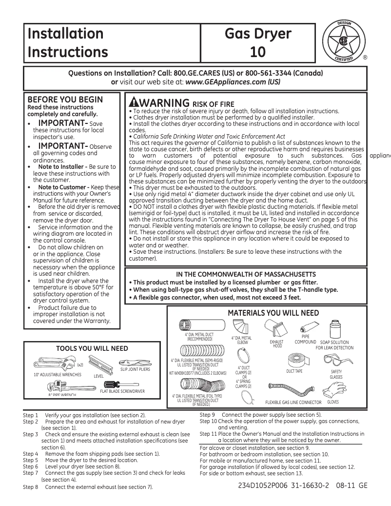 Page 1 de la notice Guide d'installation GE GFDN240GLWW