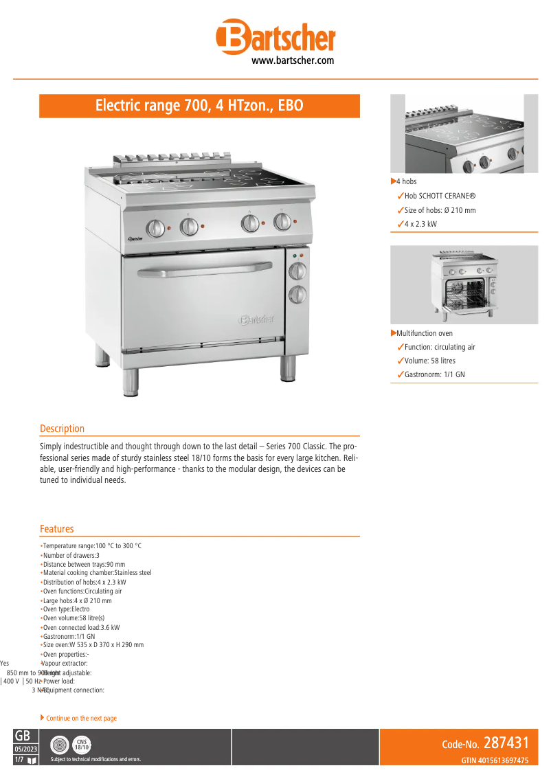 Page 1 de la notice Fiche technique Bartscher 287431