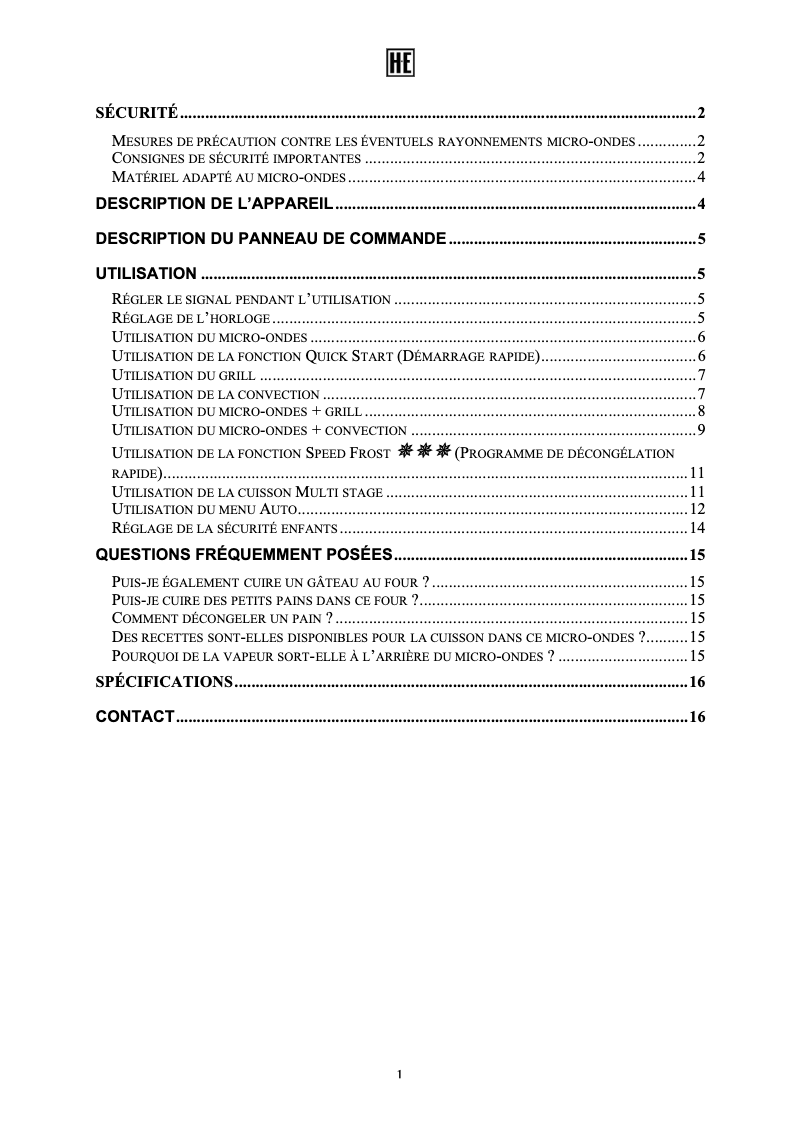 Page n°1 - Manuel utilisateur Holland Electro MW12HCSS