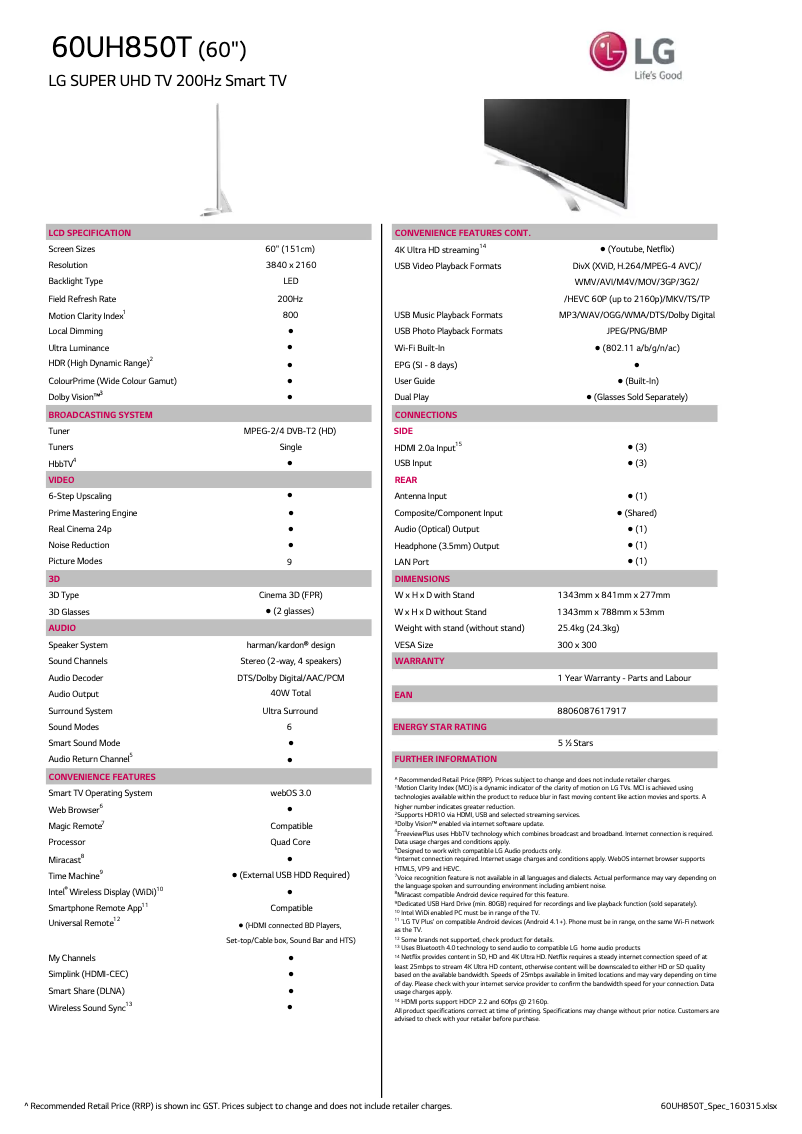 Image de la première page du manuel de l'appareil 60UH850T