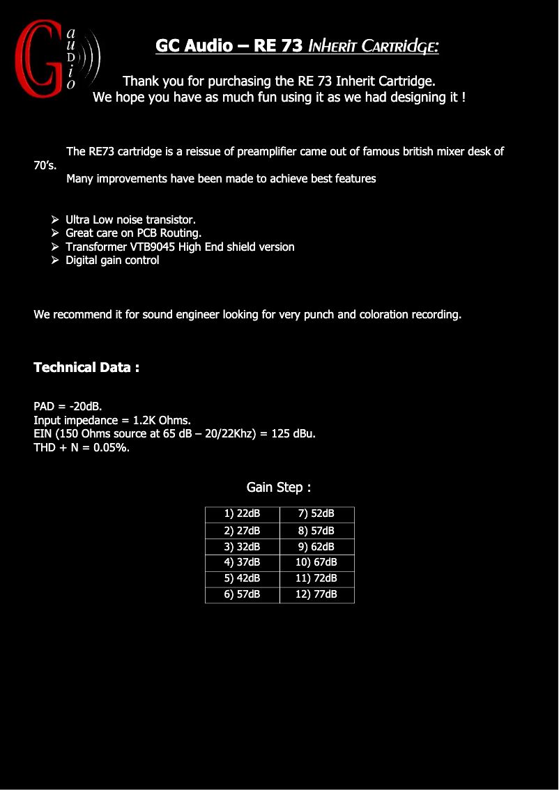 Page n°1 - Manuel utilisateur GC Audio RE73