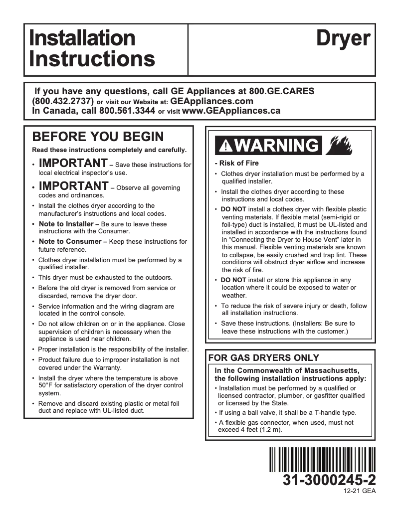 Page n°1 - Guide d'installation GE Profile PTD70EBSTWS