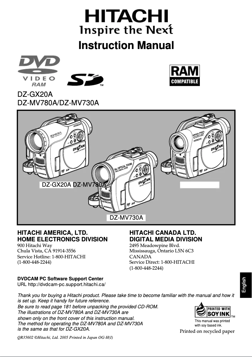 Imagen de la primera página del manual del dispositivo DZ-MV730E