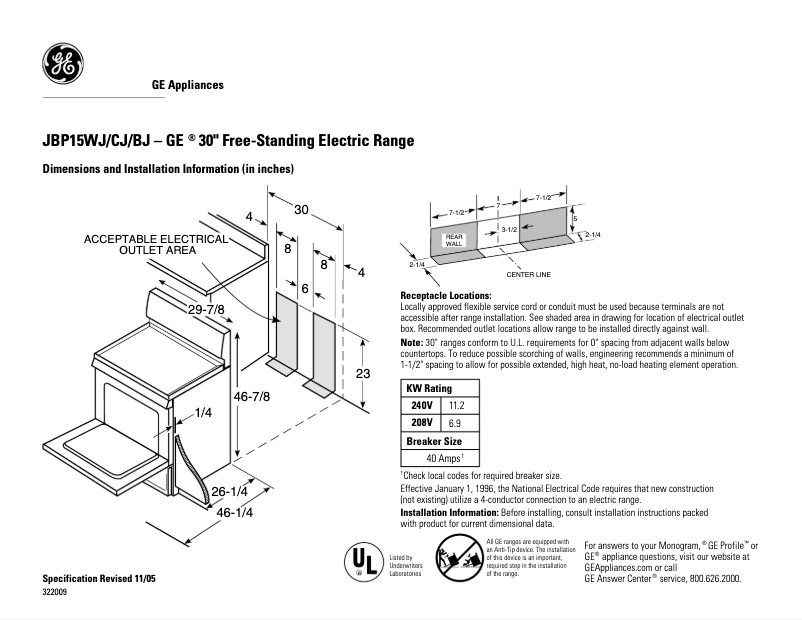 Page 1 de la notice Fiche technique GE JBP15BJBB