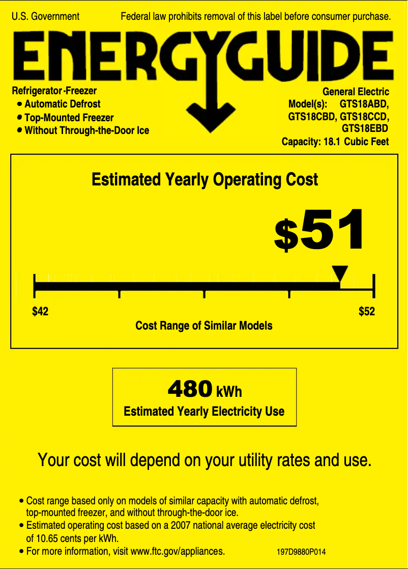 Page 1 de la notice Label énergétique GE GTS18CBDBB