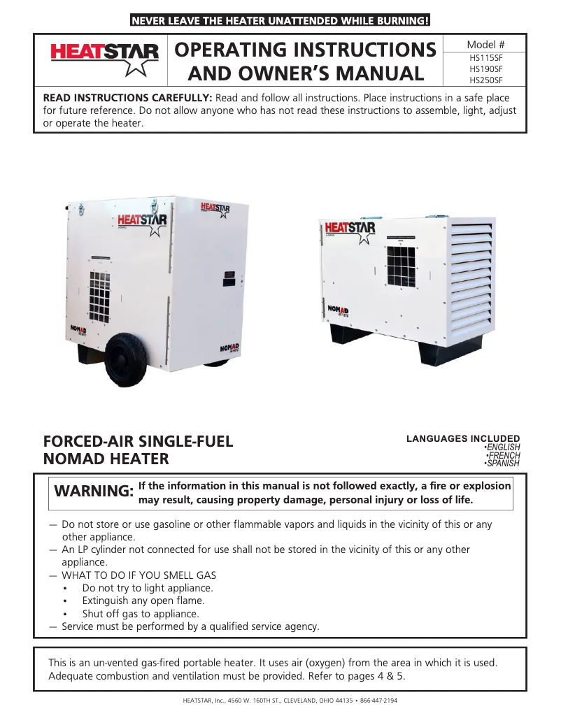 Page 1 de la notice Manuel utilisateur HeatStar NOMAD HS115SF