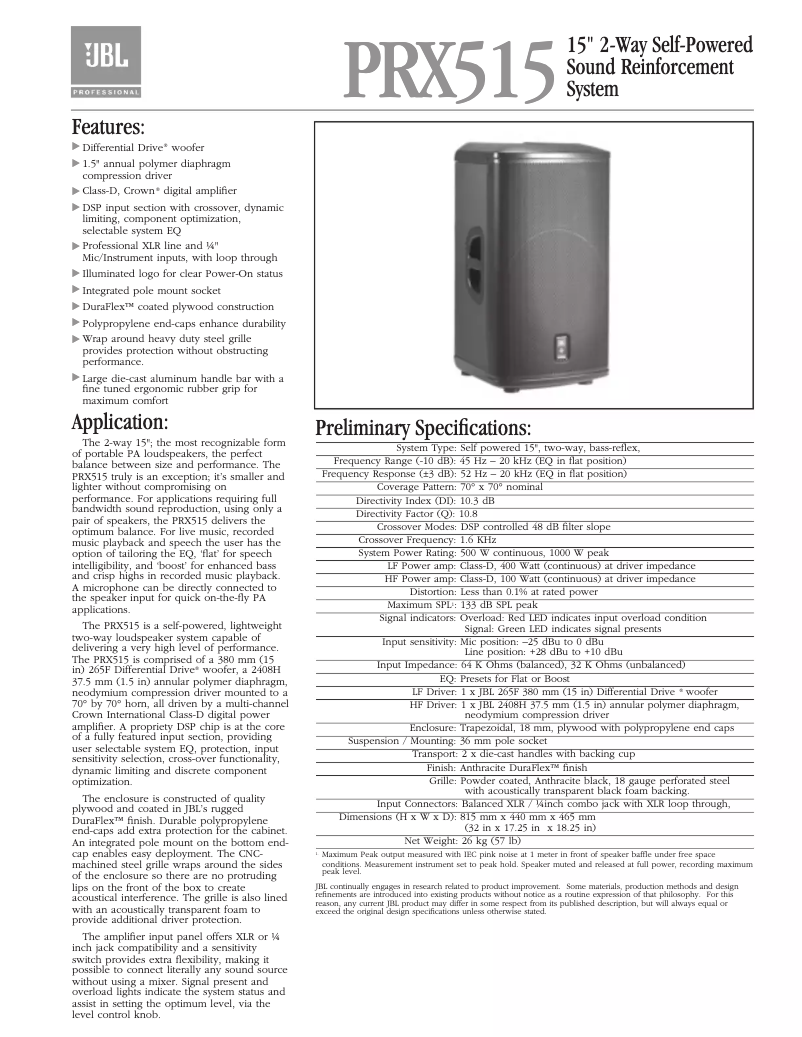 Page n°1 - Fiche technique JBL PRX515