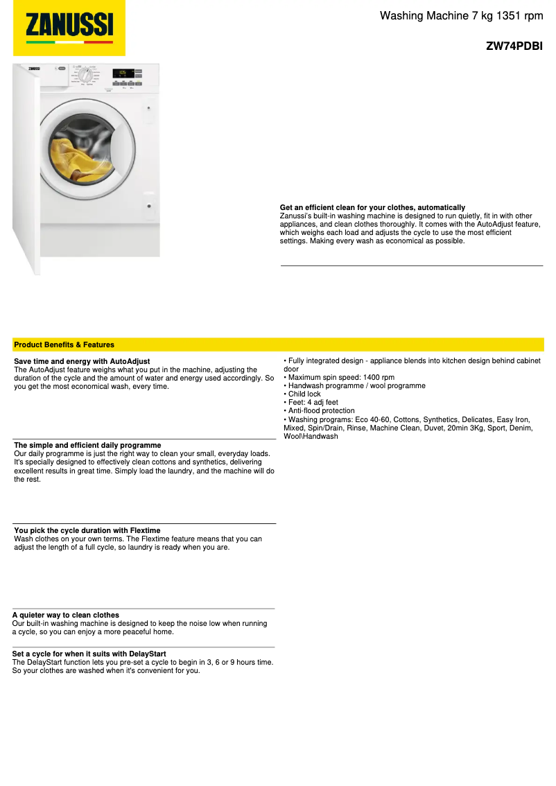 Page 1 de la notice Fiche technique Zanussi ZW74PDBI
